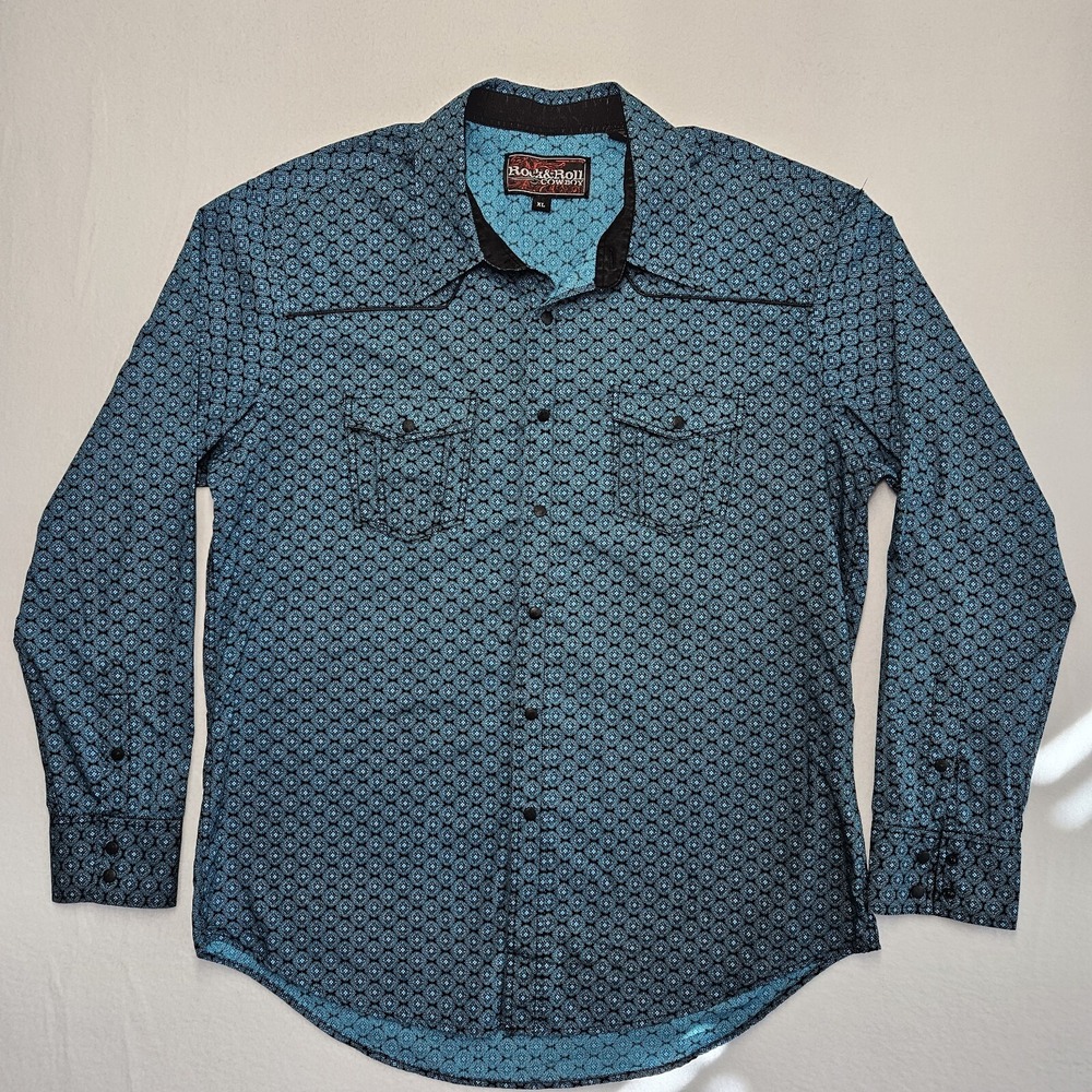 Rock & Roll Cowboy Men Long Sleeve Snap Button Up Shirt XL Teal Western Style